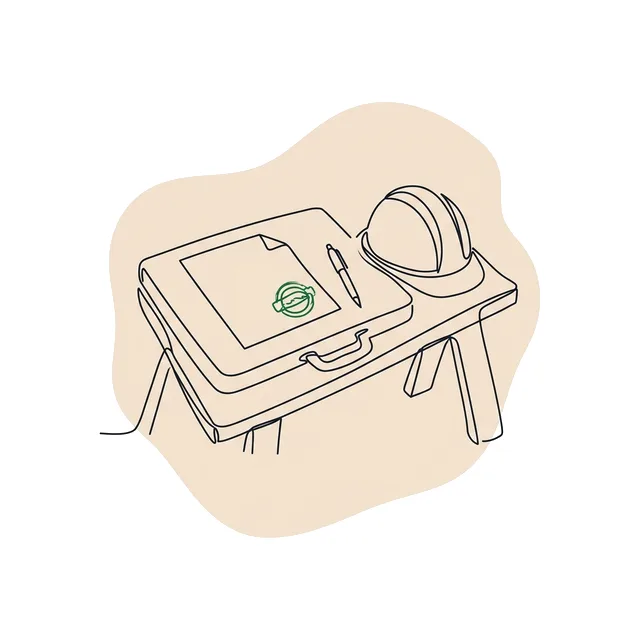 Porte-document et feuille tamponnée sur une table de chantier, à côté d’un casque