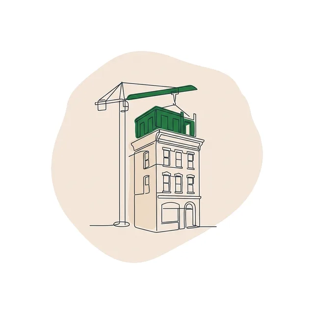 Petit immeuble ancien de trois étages sur lequel on construit un niveau supplémentaire, une grue légère à côté