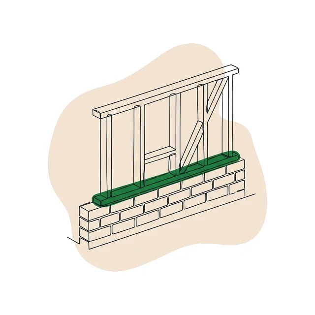 Panneau de mur à ossature bois posé sur le haut d’un mur maçonné, la lisse basse fixée sur le mur
