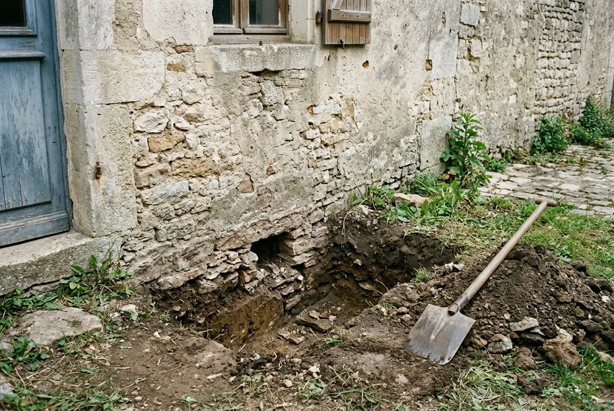 Petite fouille creusée au pied d’un mur ancien en moellons, la fondation en pierre visible, une pelle posée à côté