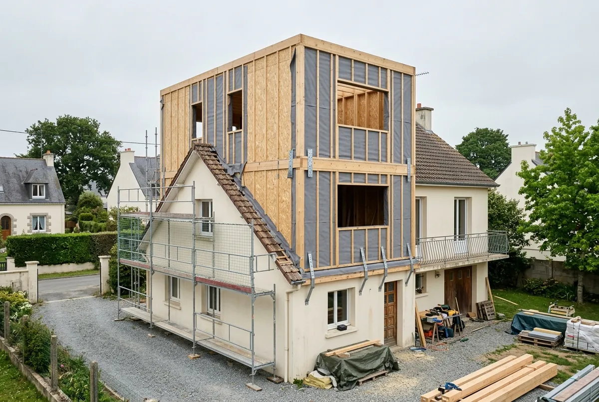Murs à ossature bois d’un étage supplémentaire montés sur une maison maçonnée, panneaux et pare-pluie posés