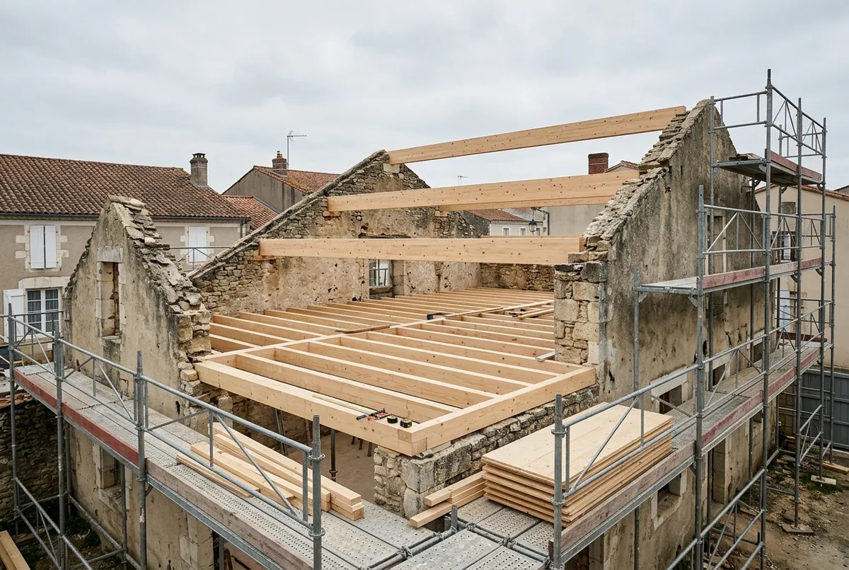 Nouveau plancher en solives de bois posé sur les murs d’une maison dont la toiture a été déposée