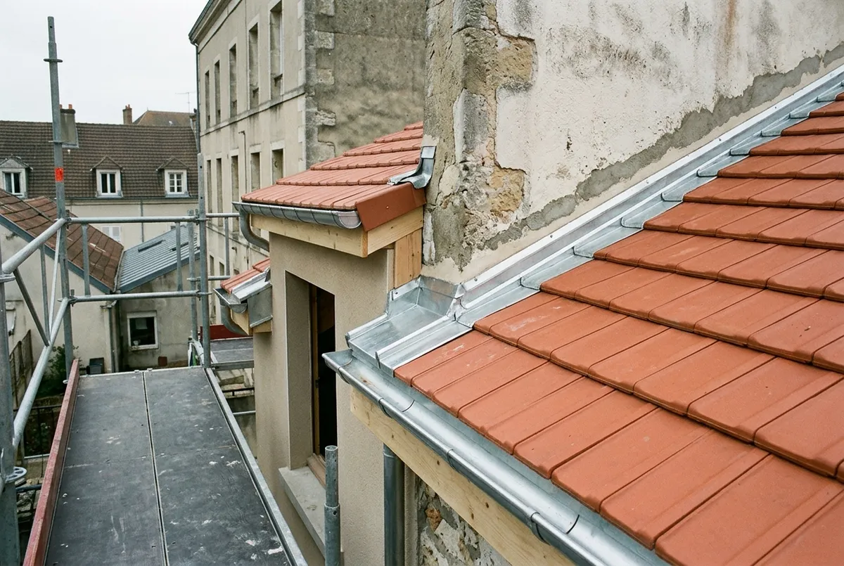 Toiture neuve en tuiles d’un étage ajouté, raccord en zinc le long du mur d’une maison mitoyenne